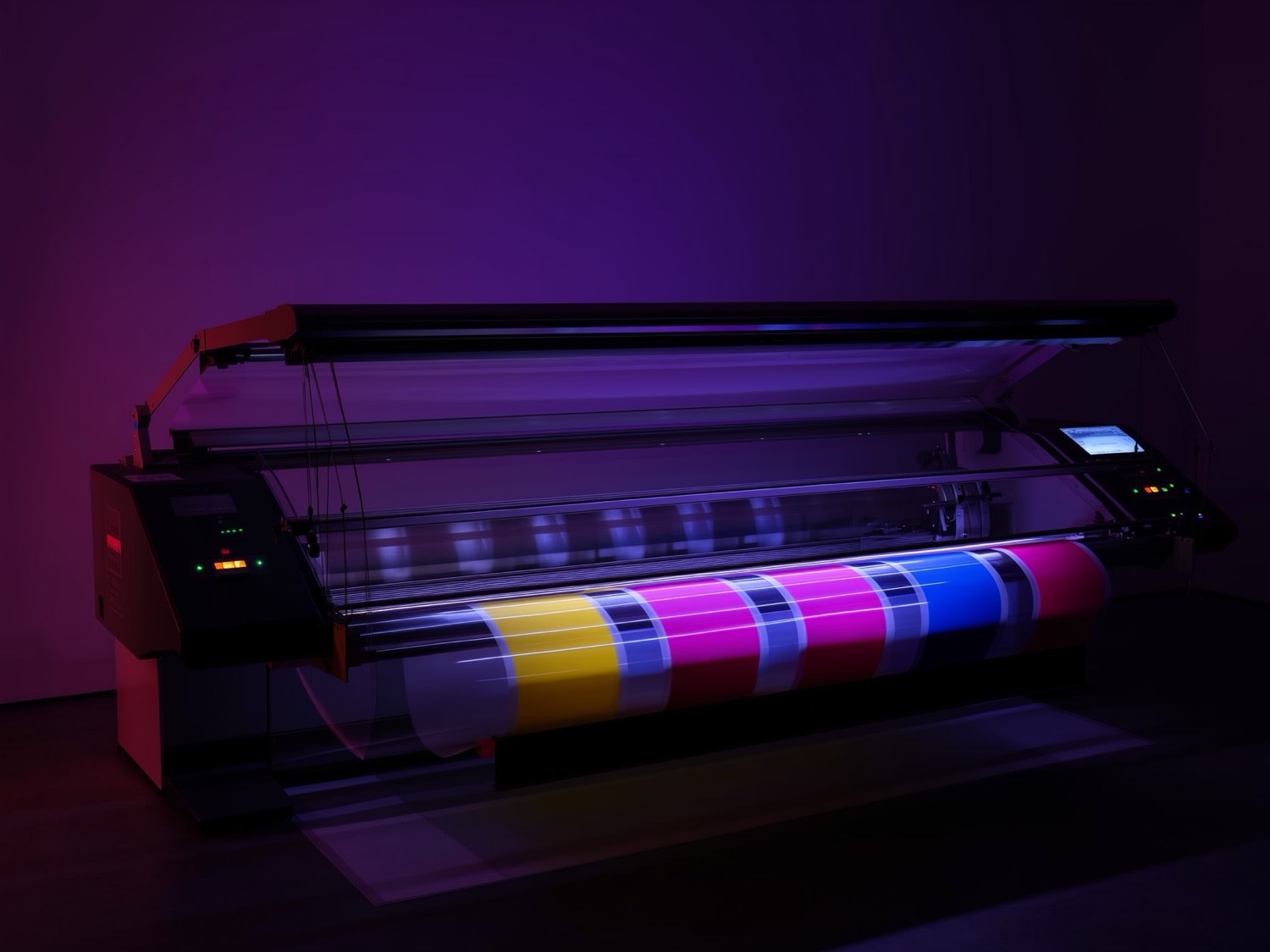 Impresora DTF textil de gran formato imprimiendo film a color